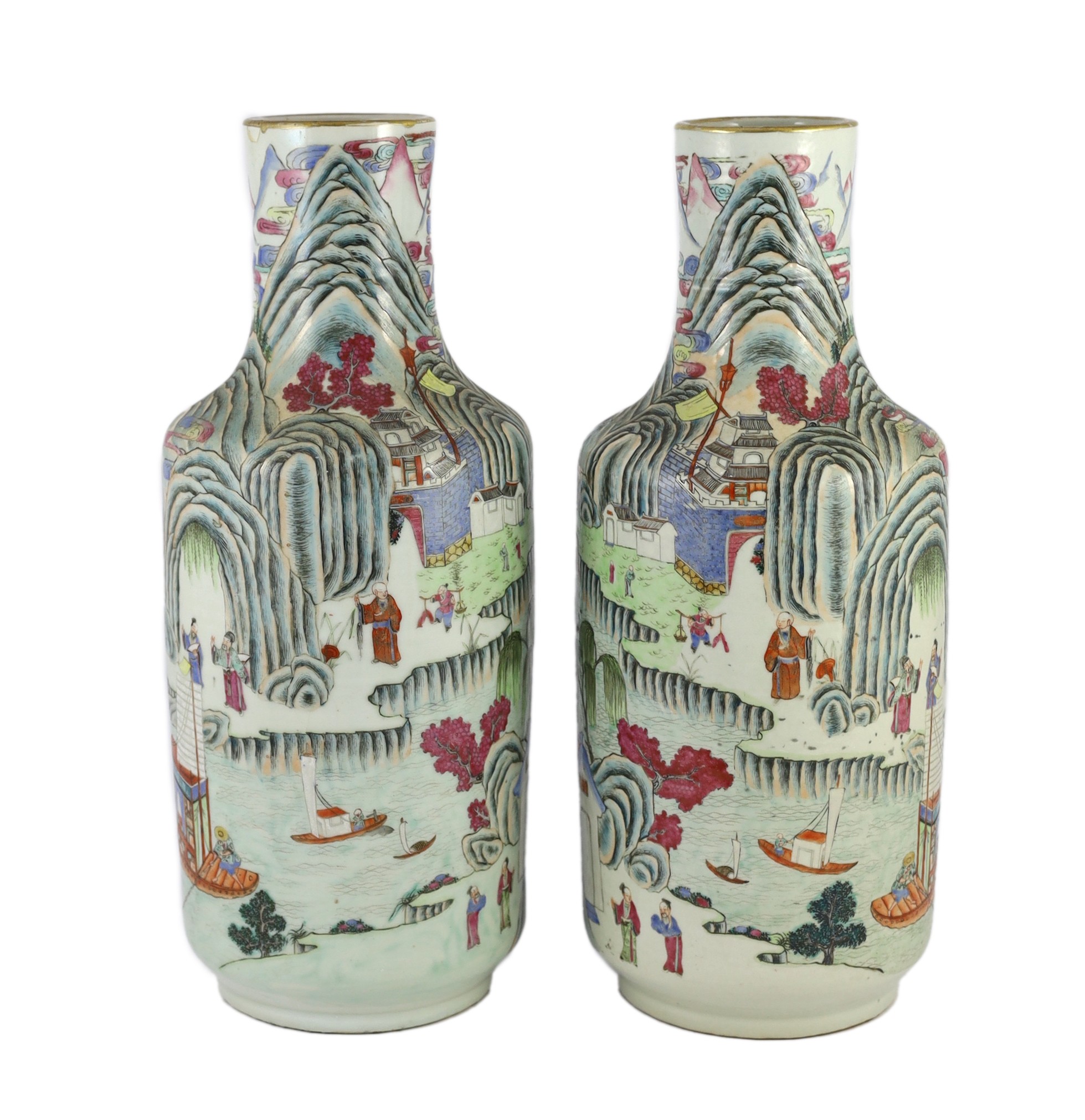 A pair of Chinese famille rose fencai inscribed vases, mid 19th century, 45cm high, cracks to neck of one vase